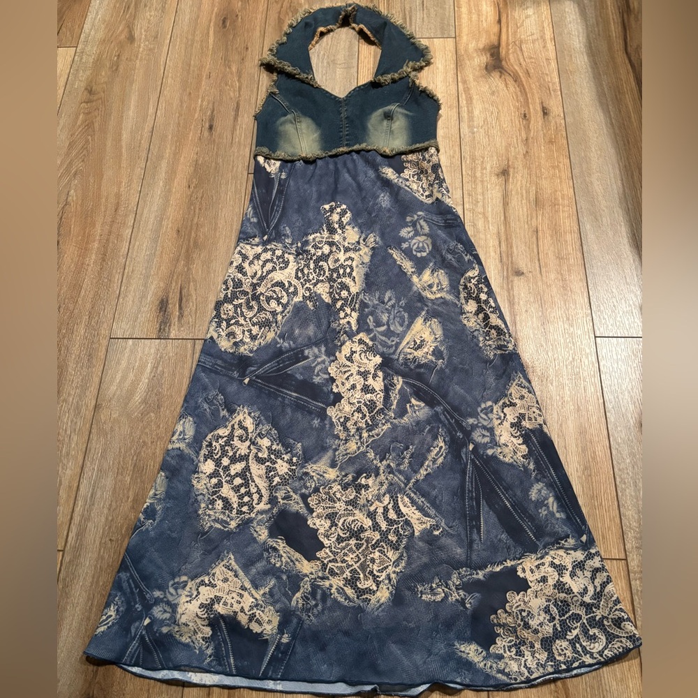 Vintage Y2K Denim & Floral Lace Jean Print Halter Dress by FANG